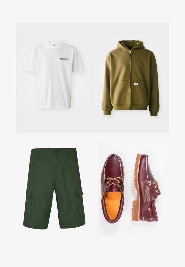Olivgrüne Zip-Hoodie mit weicher Textur, vorderen Taschen und gerippten Bündchen. Verfügt über ein Logo-Patch im unteren Taschenbereich.; Weißes Baumwoll-T-Shirt mit kurzen Ärmeln, das auf der linken Brust ein grünes "DICKIES ON THE ROAD AGAIN"-Logo zeigt. Standard Design mit Rundhalsausschnitt.; Dunkelgrüne Cargo-Shorts aus leichtem Material mit zwei seitlichen Taschen und einem Knopfverschluss. Strukturiert Oberfläche mit geradem Schnitt.; Bordeauxfarbene Lederschuhe mit braunen Gummisohlen, runder Zehenform, weißen Nähten und goldenen Ösen. Das Innenfutter weist eine gelbe Beschichtung auf.