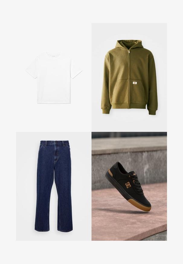 Olivgrüne Zip-Hoodie mit weicher Textur, vorderen Taschen und gerippten Bündchen. Verfügt über ein Logo-Patch im unteren Taschenbereich.; Weißes Baumwoll-T-Shirt mit kurzen Ärmeln, rundem Halsausschnitt und geradem Saum. Glatte Textur ohne sichtbare Muster oder Akzente.; Dunkelblaue Jeans aus Denim mit geradem Bein, ausgestattet mit einem Knopfverschluss, Fünf-Taschen-Style und dezenten Nähten.; Schwarzer Skateschuh mit brauner Sohle und Logo, geschnürt, schwebt über einer glatten Betonoberfläche und einem grauen Stein-Hintergrund.