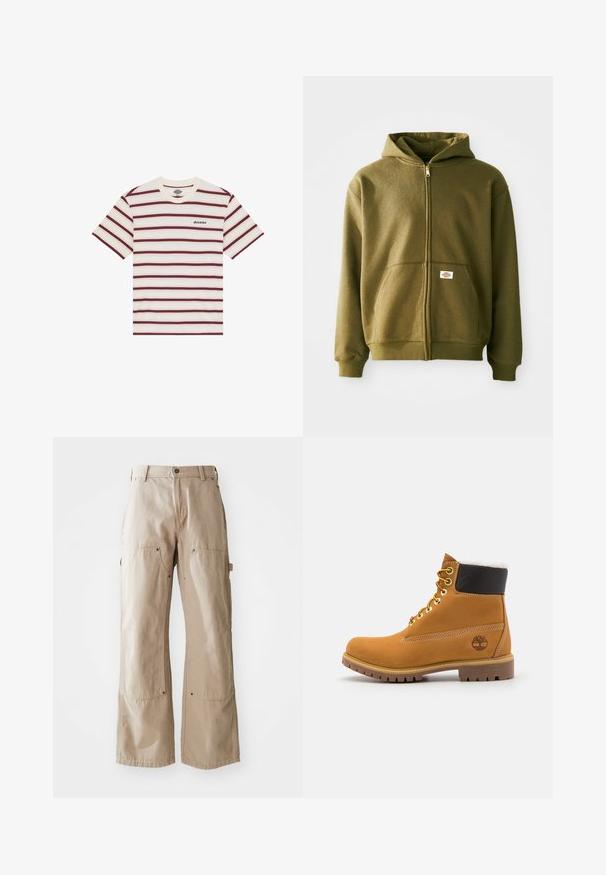 Oliven grøn zip-up hættejakke med en blød tekstur, frontlommer og ribbede manchetter. Har et logo-patch på det nederste lommeområde.; Kortærmet T-shirt med vandrette maroon- og cremefarvede striber, med "Dickies" logo broderet på venstre bryst.; Beige vide bukser lavet af slidstærkt bomuldsstof. Har for- og sidelommer, synlig syning og metaldetaljer ved lommerne.; Brune læder ankelstøvle med metaløjer, hvid pelsforing, sort polstret krave, robust sål og præget logo på siden.