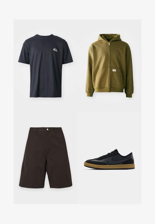 Olivgrüne Zip-Hoodie mit weicher Textur, vorderen Taschen und gerippten Bündchen. Verfügt über ein Logo-Patch im unteren Taschenbereich.; Schwarzes T-Shirt mit kurzen Ärmeln aus einem glatten Stoff, mit einem kleinen weißen Logo auf der linken Brustseite. Reguläre Passform mit Rundhalsausschnitt.; Dunkelbraune Shorts aus glattem Stoff. Verfügt über Eingrifftaschen vorne, Gürtelschlaufen und eine flache Vorderseite. Gerade geschnitten mit knielangem Design.; Schwarze Ledersneaker mit niedrigem Design, Schnürverschluss, Gummisohle und gummikolorierten Akzenten. Verfügt über ein seitliches Logo und strukturierte Materialien.