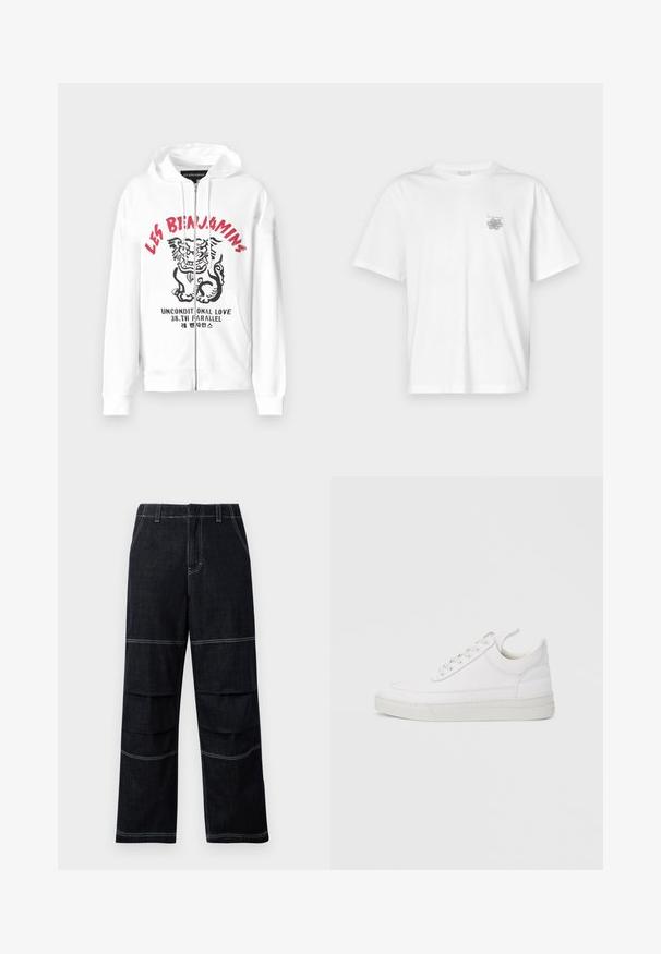 Hvid zip-up hoodie med et tiger grafik i sort og rød, der har teksten "LES BIENJAMINS" og "UNCONDITIONAL LOVE" i fed skrift.; Hvid t-shirt lavet af bomuld med korte ærmer, rund halsudskæring og et lille gråt logo på venstre brystområde. Glat tekstur.; Mørke denim vide bukser med høj talje, der har kontrasterende syninger og lagdelte lommer hen over lårerne.; Hvid lædersneaker med rundet tå, flad sål og snørebånd foran. Har syningsdetaljer og polstret krave for komfort.