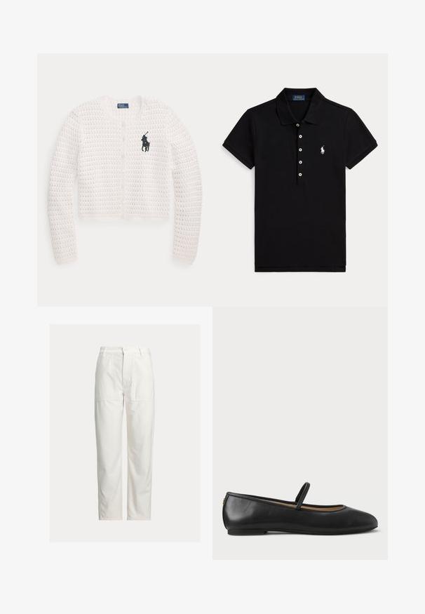 Cardigan blanc en maille à manches longues avec des boutons sur le devant et un logo Polo Ralph Lauren noir sur la poitrine gauche.; Polo noir à manches courtes avec des boutons blancs, un col et un logo Polo Ralph Lauren blanc brodé sur le côté gauche de la poitrine.; Pantalon blanc droit avec grandes poches plaquées devant, passants de ceinture et fermeture par bouton à la taille.; Ballerines en cuir noir avec un bout arrondi, une fine bride sur le cou-de-pied et une semelle en caoutchouc plate. Texture lisse et détails minimalistes.