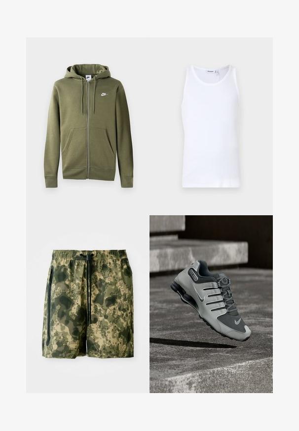 Olijfgroene zip-up hoodie van zacht materiaal, met een voorzijde rits, twee zijzakken en een wit Nike-logo op de linker borst.; Witte katoenen tanktop met ronde hals en brede banden. Gladde textuur, geen patronen, schoon ontwerp en een merklabel op de halslijn.; Camouflage zwembroek in groene tinten, gemaakt van lichtgewicht stof, met een elastische tailleband, een trekkoord en zijzakken.; Grijze en zwarte Nike Shox sportschoen zwevend boven een getextureerd betonnen oppervlak met schaduwen eronder.