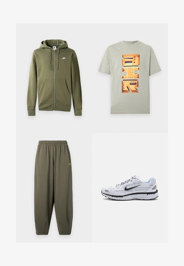 Olivengrøn zip-up hoodie i blødt stof med en frontlynlås, to sidelommer og et hvidt Nike-logo på venstre bryst.; Lysegrå kortærmet t-shirt med stort lodret orange metallic-inspireret NIKE AIR grafik og lille "NIKE MAX" tekst over og under.; Grågrønne sweatpants med elastisk talje og manchetter. Har minimal branding i matchende tråd på siden. Blød tekstur.; Hvide løbesko med mesh-overdel, rund tå, sorte accenter og mønstret sål. Har snøring og branding på siden.