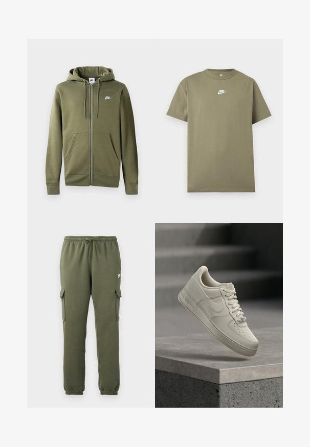 Olivgrüne Zip-Hoodie aus weichem Material mit einem Frontreißverschluss, zwei Seitentaschen und einem weißen Nike-Logo auf der linken Brust.; Olivgrünes Nike T-Shirt mit kurzen Ärmeln und Rundhalsausschnitt, mit weißem Logo auf der Brust vor einem einfarbigen hellgrauen Hintergrund.; Olivgrüne Cargo-Hosen mit elastischem Bund, Kordelzugverschluss, Seitentaschen und logo auf dem Oberschenkel. Glattes Baumwollmischgewebe.; Ein einzelner beigefarbener Sneaker mit Schnürsenkeln schwebt über einer grauen Betonfläche, Nike-Swoosh sichtbar, Treppenhintergrund unscharf.