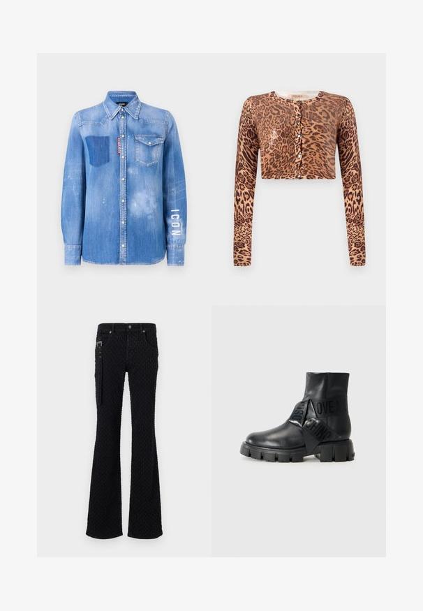 Kardigan i leopardmønster, med lange ærmer, knaplukning og et struktureret strikket stof med en blank detalje.; Lysblå denimskjorte med en falmet finish. Har en lomme på brystet, knapkrave og hvid tekst "ICON" på ærmet.; Sorte flared jeans med et tekstureret stof og et subtilt mønster, sølvhardware og frontlommer. Lynlåsdetaillering på siden.; Sort ankelstøvle med en chunky sål, der har et fremtrædende sort bånd, der diagonalt skriver "LOVE MOSCHINO" henover overdelen.