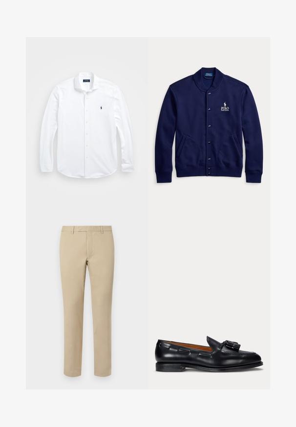 Veste bleu marine boutonnée avec col et poignets côtelés, deux poches avant et logo blanc Polo Ralph Lauren sur la poitrine gauche.; Chemise blanche à manches longues en coton. Caractéristiques : col classique, coupe régulière et petit logo bleu marine sur la poitrine.; Pantalon en coton beige avec une coupe droite, doté de passants de ceinture, d'un devant plat et de ourlets soignés. Texture lisse et détails minimaux.; Mocassin en cuir noir avec détail pompon et petit talon, vu de côté sur un fond uni.