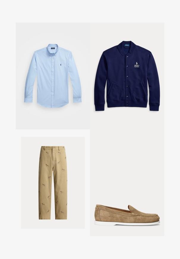 Tmavomodrá bunda na gombíky s rebrovaným golierom a manžetami, dvoma prednými vreckami a bielym logom Polo Ralph Lauren na ľavej strane hrudníka.; Svetlomodrá košeľa na gombíky vyrobená z bavlny s dlhými rukávmi, špicatým golierom a vyšitým logom na ľavej hrudi. Plosky predný dizajn.; Béžové kordurové nohavice s vyšívanými motívmi psov, rovný strih nohavíc, päťvreckový štýl s predným zapínaním na gombík.; Svetlohnedý mokasín z brúseného semišu s bielou podrážkou a viditeľným prešitím pozdĺž špičky a strán, zobrazený v bočnom profile.