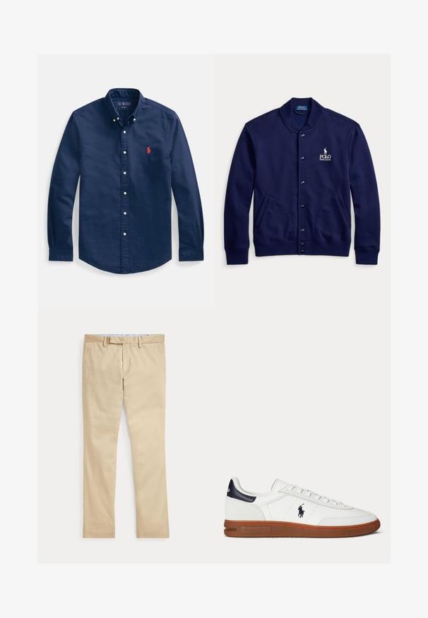 Tumesinine nööbitav jakk soonikkoeluse ja -mansettidega, kahe eestasku ja valge Polo Ralph Laureni logoga vasakul rinnal.; Tumesinine puuvillane nööbitav särk, millel on terav krae, pikad varrukad ja väike punane tikandiga logo rinnal.; Beeži sirgete säärega püksid vööaasade ja ees oleva tõmblukuga, laotatud tasaselt valgele taustale.; Valge madala säärega toss pruuni tallaga, musta kandutükiga, polo mängija tikandiga logoga ja valgete nööridega.