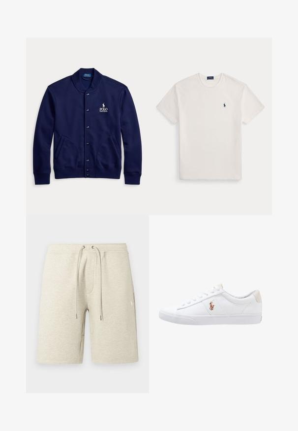 Marineblauwe jas met knopen, geribbelde kraag en manchetten, twee voorzakken en een wit Polo Ralph Lauren-logo op de linkerborst.; Witte T-shirt met korte mouwen en ronde hals met een klein marineblauw polo-spelerlogo op de linkerborst.; Beige sportkorte broek gemaakt van textuurbuffer, met een elastische tailleband met koordje en zijzakken. Subtiele logodetail.; Witte canvas sneakers met een laag ontwerp, featuring een beige hieltab en een klein geborduurd logo aan de zijkant. Rubber zool.