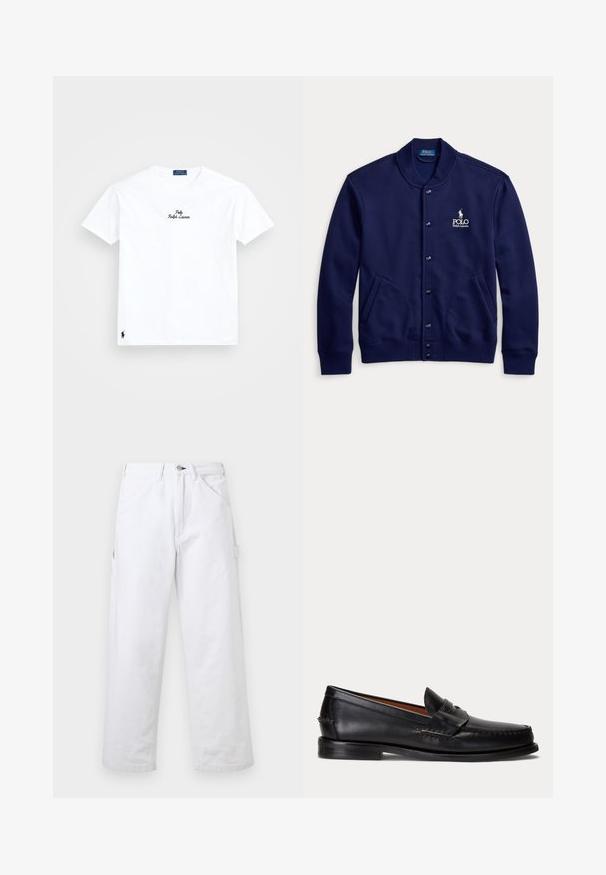 Tmavomodrá bunda na gombíky s rebrovaným golierom a manžetami, dvoma prednými vreckami a bielym logom Polo Ralph Lauren na ľavej strane hrudníka.; Biely bavlnený tričko s kruhovým výstrihom, krátkymi rukávmi, čierne vyšívané logo "Polo Ralph Lauren" na hrudníku a malé čierne logo na leme.; Biele nohavice s vysokým pásom a rovnými nohavicami, s pútkami na opasok, prednými vreckami, zapínaním na gombíky a bočným úžitkovým vreckom na jednofarebnom pozadí.; Čierny kožený mokasín s nízkym podpätkom a detailom s penny remienkom, zobrazený z boku na svetlosivom pozadí.