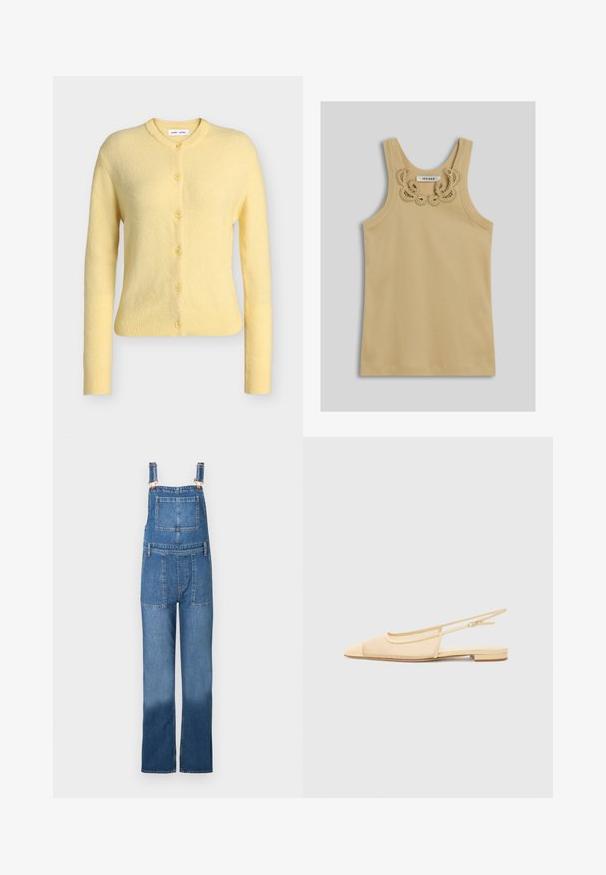 Cardigan en laine jaune clair à manches longues, boutonné, avec poignets et ourlet côtelés et un col rond.; Débardeur beige sans manches avec texture côtelée et détail en dentelle décoratif près de l'encolure, étiqueté "Ivy Oak."; Salopette en denim avec bretelles ajustables, poches avant et arrière, et une coupe ample à jambes droites. Couleur : bleu moyen avec un effet délavé.; Chaussure plate slingback en beige clair avec une tige en maille, un bout pointu et un petit talon. Dotée d'une sangle ajustable pour un bon maintien.