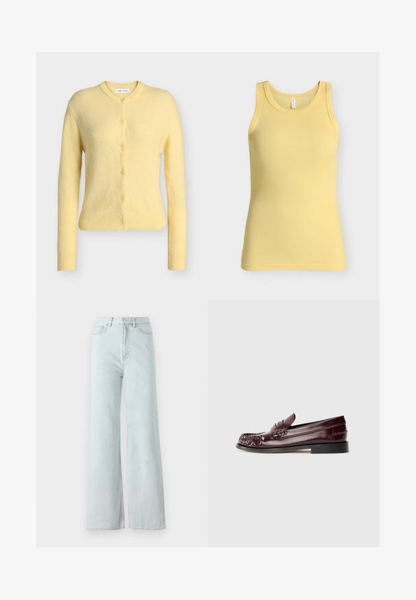 Cardigan en laine jaune clair à manches longues, boutonné, avec poignets et ourlet côtelés et un col rond.; Débardeur côtelé jaune sans manches avec un col rond, présenté sur un fond gris clair uni.; Jeans larges bleu clair à taille haute, en tissu denim. Présente une fermeture à bouton et éclair avec des poches avant.; Mocassin penny en cuir bordeaux avec semelle noire et détail en métal doré sur le dessus, présenté en vue latérale sur fond blanc.