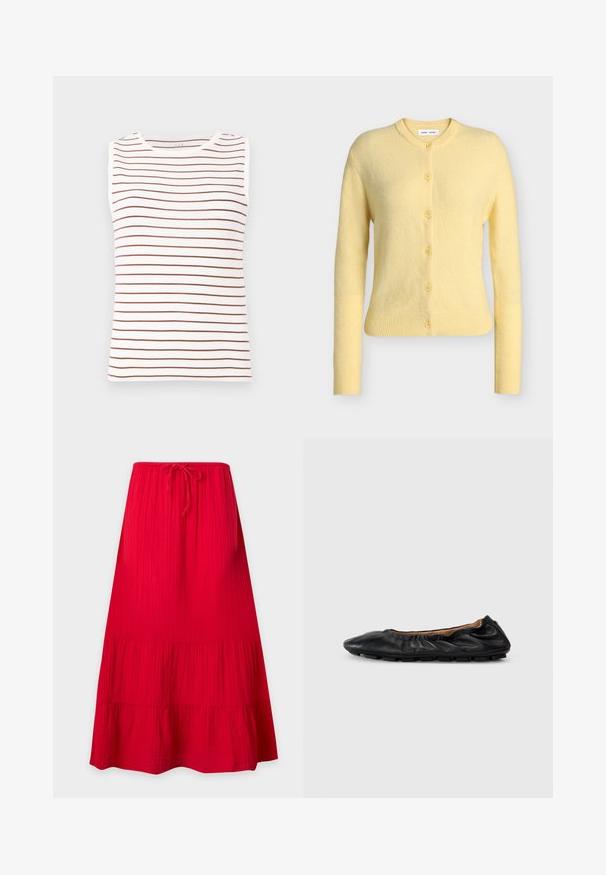 Cardigan en laine jaune clair à manches longues, boutonné, avec poignets et ourlet côtelés et un col rond.; Haut sans manches avec une base blanche et des rayures horizontales marron, en tissu doux, avec un col rond et une coupe ajustée.; Jupe rouge vif, longueur cheville, coupe ample, plis subtils, ourlet à volants et taille à cordon, présentée sur un fond clair et uni.; Ballerines en cuir noir avec des détails froncés au col, bout rond et semelle en caoutchouc flexible. Texture lisse dans l'ensemble.