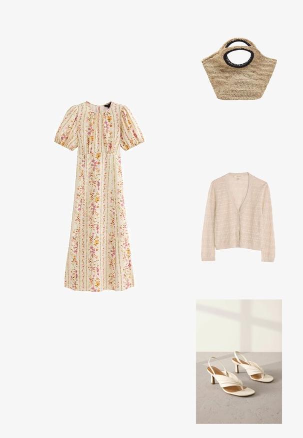 Cardigan en tricot beige avec un col en V, présentant un motif texturé, une fermeture à boutons et des manches longues. Tissu doux et léger.; Robe midi crème avec manches bouffantes, encolure ronde, taille cintrée et rayures florales verticales dans des tons rose, orange et vert.; Talons slingback en cuir blanc avec un design avant torsadé, bout ouvert, et un talon bloc de hauteur moyenne. Texture lisse et accents minimaux.; Sac à main en paille tissée avec des poignées arrondies bordées de noir et une forme large légèrement trapézoïdale sur fond blanc.