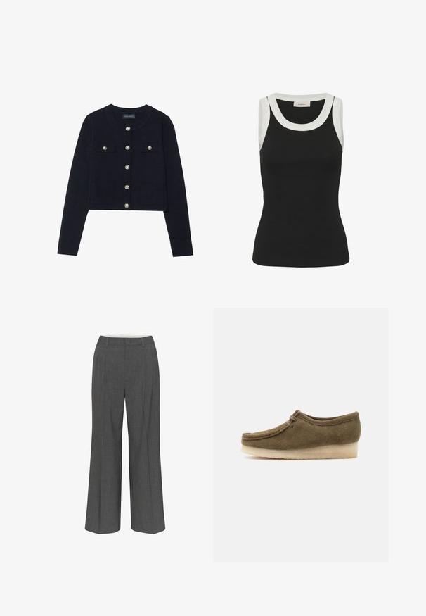 Cardigan court navy à manches longues, col rond, avec quatre poches et fermetures à boutons argentés sur le devant. Texture tricotée douce.; Haut sans manches noir côtelé avec une bordure blanche autour du col et des emmanchures, style ajusté.; Pantalons gris à jambes larges en tissu texturé, avec un design à pli avant et une silhouette droite avec une taille régulière.; Mocassin en daim marron avec semelle en caoutchouc crêpé et fermeture à deux lacets, vu de côté sur un fond blanc uni.
