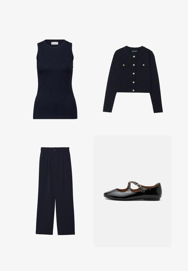 Marineblå cropped cardigan med lange ærmer, rund halsudskæring, fire lommer og sølvfarvede knaplukninger foran. Blødt strikket tekstur.; Marineblå ærmeløs top lavet af glat bomuld, med en rund halsudskæring og en tætsiddende pasform uden pynt. Afslappet og alsidig.; Marineblå brede bukser med en glat tekstur, elastisk talje, enkel frontfold og en knaplukning i taljen.; Sort laklæder Mary Jane-flad sko med to udskæringer og en guldbuckelrem på hvid baggrund.