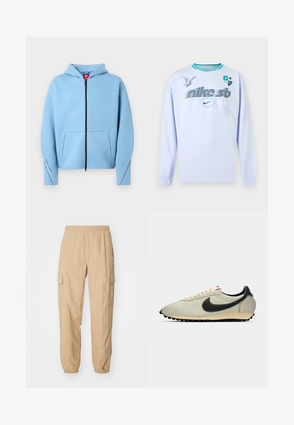Hellblauer Kapuzenpullover mit durchgehendem Reißverschluss, Kapuze, großer Fronttasche, schwarzem Reißverschluss und Kontrastnähten entlang der Ärmel. Weiches Baumwollmischgewebe.; Hellblaues Langarmshirt mit türkisfarbenen Kragenstreifen, grafischem Text "nike sb EST. 2002", Nike-Logo, Vogelillustration und einem Wappen mit vier Symbolen auf der Brust.; Beige Cargo-Hosen aus leichtem Stoff, mit einem elastischen Bund, zwei Seitentaschen und elastischen Bündchen an den Knöcheln.; Beige Leinensneaker mit schwarzen Lederelementen, runder Spitze, flacher schwarzer Außensohle und weißen Schnürsenkeln. Hat ein auffälliges schwarzes Logo.