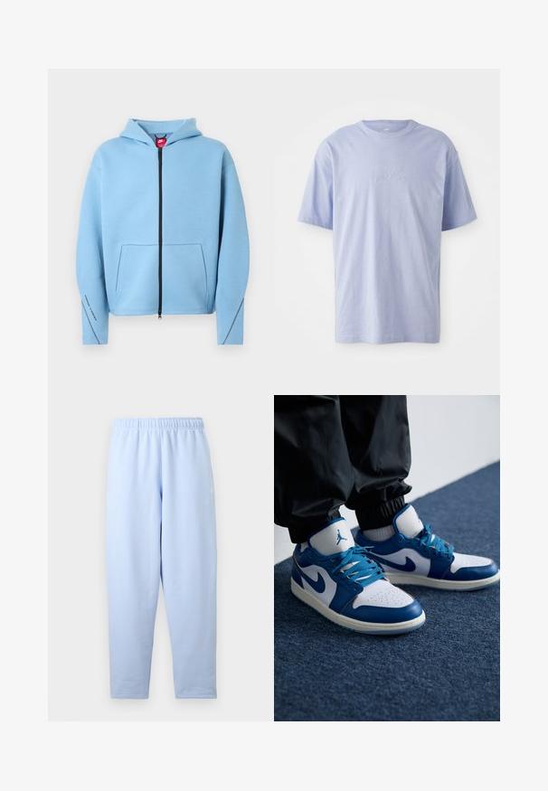 Hellblauer Kapuzenpullover mit durchgehendem Reißverschluss, Kapuze, großer Fronttasche, schwarzem Reißverschluss und Kontrastnähten entlang der Ärmel. Weiches Baumwollmischgewebe.; Hellblaues Baumwoll-T-Shirt mit Rundhalsausschnitt und kurzen Ärmeln. Mit einem geprägten "Nike"-Logo auf der Vorderseite in der Mitte. Weicher Stoff.; Hellblaue, gerade geschnittene Jogginghose mit elastischem Bund, dezentem Seitenlogo und ohne sichtbare Taschen oder weitere Details.; Die Nike Air Jordan Sneakers verfügen über eine weiße Lederbasis mit blauen synthetischen Akzenten, einer perforierten Zehenbox und blauen Schnürsenkeln.