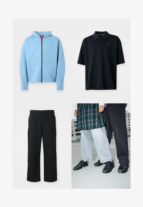 Sweat à capuche bleu clair avec fermeture éclair, grande poche avant, fermeture éclair noire et surpiqûres contrastantes le long des manches. Tissu doux en mélange de coton.; Polo noir en tissu lisse, avec un col, des manches courtes et un petit logo Jordan gris brodé sur la poitrine gauche.; Pantalons noirs à jambes larges en tissu doux. Présentent une fermeture à bouton, des passants de ceinture et des ourlets droits pour un ajustement décontracté.; Baskets de sport noires avec des accents en mesh et en caoutchouc. Portées avec un jean large gris clair et un haut à carreaux vert. Fond à surface plane.