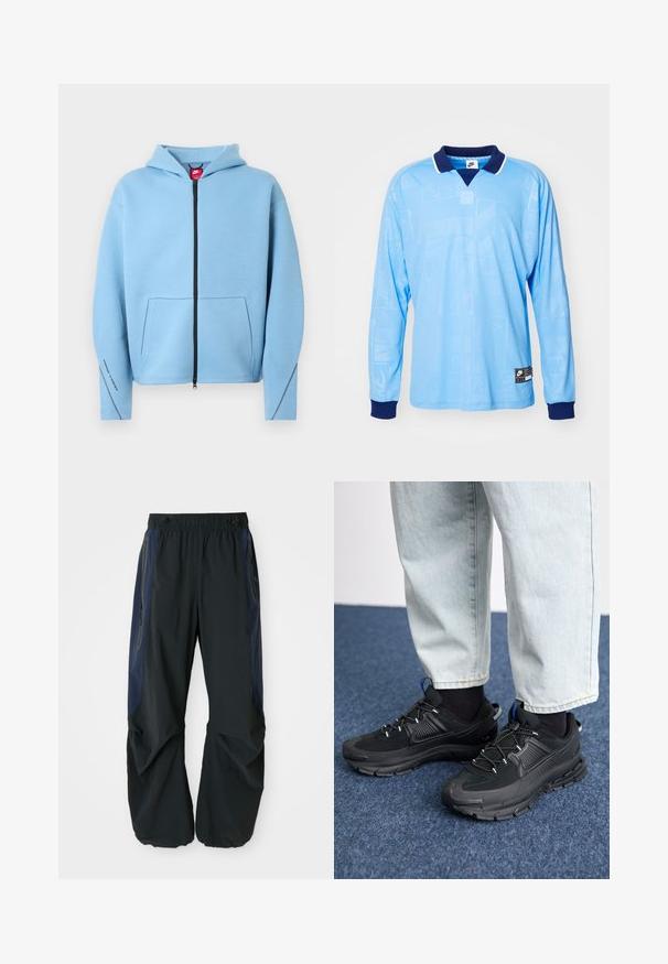 Lichtblauwe hoodie met rits en capuchon, grote voorzak, zwarte rits en contrasterende stiksels langs de mouwen. Gemaakt van een zachte katoenmix.; Lichtblauwe longsleeve polo met marineblauwe kraag en manchetten, voorzien van een subtiel all-over patroon en Nike-logo op de onderrand.; Zwarte outdoor broeken met een ontspannen pasvorm, voorzien van een elastische tailleband, marineblauwe zijpanelen en ritszakken aan beide zijden.; Zwarte sportschoenen met gestructureerde stof en rubberen zolen, met elastische veters en een blauwe accent op de hiel. Draag samen met lichte spijkerbroeken.