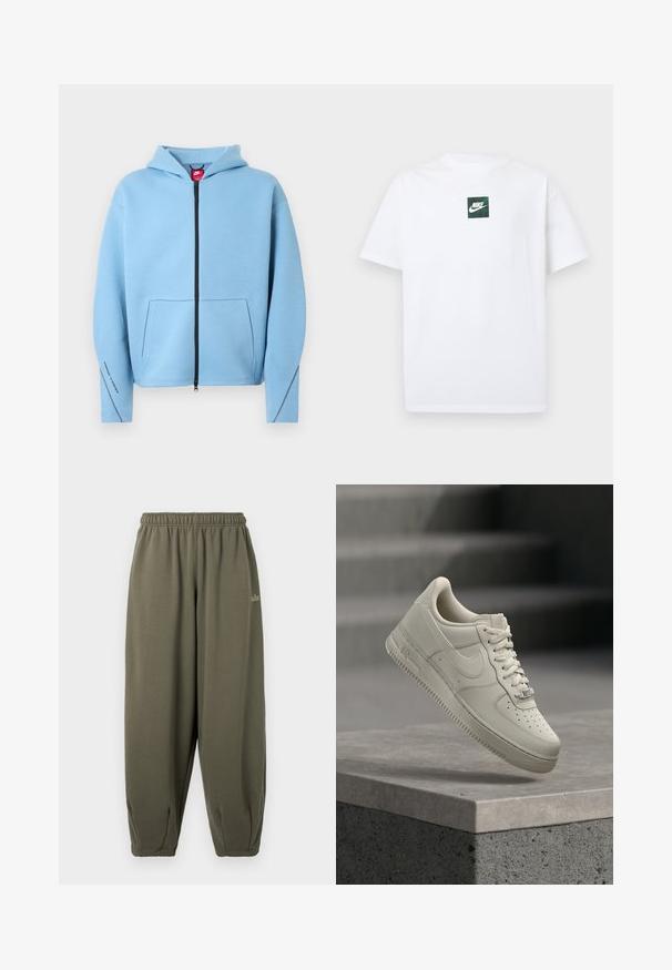 Lyseblå lynlåshættetrøje med hætte, stor forlommer, sort lynlås og kontrastsyning langs ærmerne. Blødt bomuldsblandingsmateriale.; Hvid Nike T-shirt med korte ærmer og et lille grønt firkantet logo med Nike swoosh og tekst centreret på brystet.; Grågrønne sweatpants med elastisk talje og manchetter. Har minimal branding i matchende tråd på siden. Blød tekstur.; En enkelt beige sneaker med snørebånd svæver over en grå betonoverflade, Nike-swoosh synlig, sløret baggrund med trappe.