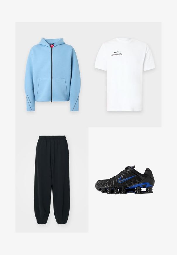 Hellblauer Kapuzenpullover mit durchgehendem Reißverschluss, Kapuze, großer Fronttasche, schwarzem Reißverschluss und Kontrastnähten entlang der Ärmel. Weiches Baumwollmischgewebe.; Weißes Baumwoll-T-Shirt mit kurzen Ärmeln. Es zeigt ein schwarzes "Nike Official"-Logo und einen schwarzen Swoosh auf der linken Brustseite.; Schwarze Sweatpants mit elastischem Bund, lockerer Passform, gerippten Beinabschlüssen, glatter Textur und ohne sichtbare Muster oder Hardware-Akzente.; Schwarzer Sportschuh mit Obermaterial aus Mesh und glänzenden Akzenten. Verfügt über einen blauen Swoosh, einen gepolsterten Kragen und eine auffällige schwarze Gummisohle mit sichtbarem Dämpfungselement.