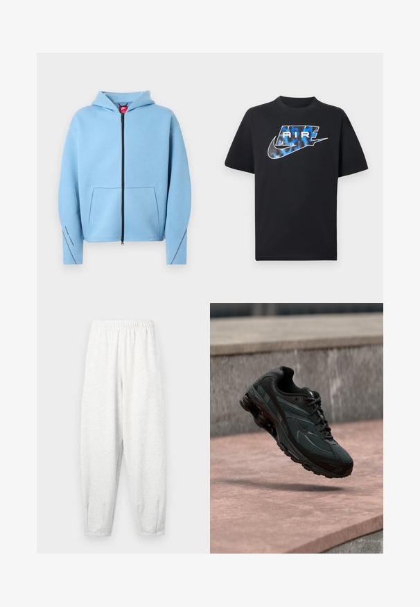 Lyseblå lynlåshættetrøje med hætte, stor forlommer, sort lynlås og kontrastsyning langs ærmerne. Blødt bomuldsblandingsmateriale.; Sort t-shirt med korte ærmer med blå og hvide stiliserede "AIR"-bogstaver og Nike swoosh-logo på brystet.; Lyse grå sweatsbukser lavet af blødt stof, med elastisk talje, tætsiddende ben og ankelmanchetter. Simpelt design uden mønstre.; Sort atletisk sneaker med synligt luftdæmpende mellemsål, der svæver over en pink stenoverflade med en grå stenvæg i baggrunden.