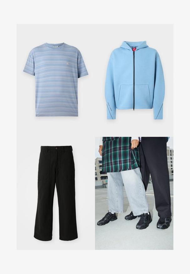 Hellblauer Kapuzenpullover mit durchgehendem Reißverschluss, Kapuze, großer Fronttasche, schwarzem Reißverschluss und Kontrastnähten entlang der Ärmel. Weiches Baumwollmischgewebe.; Hellblau gestreiftes T-Shirt mit horizontalen weißen Streifen, Rundhalsauschnitt und einem kleinen rosa Logo auf der linken Brustseite. Weicher Baumwollstoff.; Schwarze weit geschnittene Hose aus weichem Stoff, mit Fronttaschen und einem Knopfverschluss an der Taille. Minimalistisches Design ohne sichtbare Muster.; Schwarze Sportschuhe mit Mesh- und Gummielementen. Kombiniert mit hellgrauen weiten Jeans und einem karierten grünen Oberteil. Flacher Hintergrund.