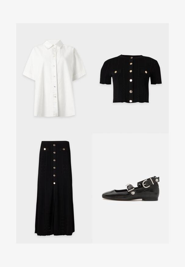 Haut en maille noir à manches courtes avec motif torsadé, boutons dorés sur le devant et deux rabats de poches avant avec détails de boutons dorés.; Chemise blanche à manches courtes avec boutons et col pointu, présentée sur un fond gris clair.; Jupe longue noire avec boutons dorés à l'avant, deux petites poches avec rabat à la taille, et un subtil motif tricoté vertical.; Ballerine en cuir verni noir avec un bout carré, sangle de cheville avec des détails en métal argenté et semelle plate. Texture lisse avec un design minimaliste.