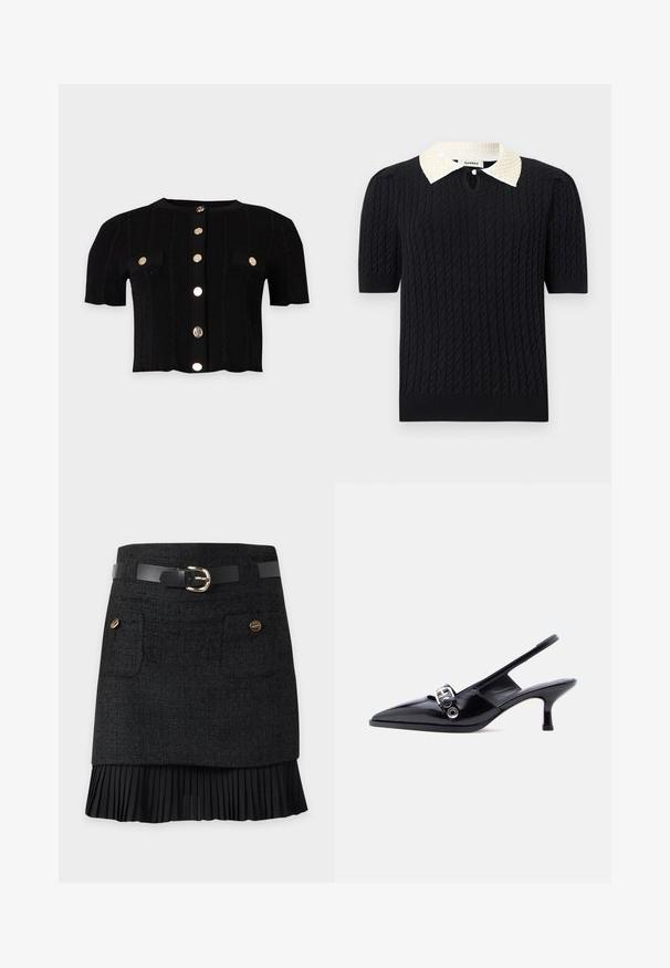 Haut en maille noir à manches courtes avec motif torsadé, boutons dorés sur le devant et deux rabats de poches avant avec détails de boutons dorés.; Haut noir en maille à manches courtes avec motif torsadé, doté d'un col pointu blanc orné de perles et d'une petite ouverture frontale avec bouton.; Mini-jupe noire texturée avec poches avant, boutons dorés, ourlet plissé noir et ceinture noire avec boucle dorée.; Chaussure à talon bas en cuir verni noir avec bride arrière, bout pointu et détail boucle argentée sur fond blanc uni.