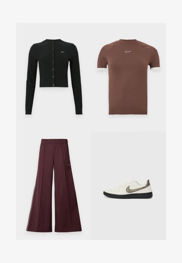 Sort ribbet cardigan med lange ærmer, cropped design, knapper foran og et lille hvidt Nike-logo på venstre side.; Brun kortærmet skjorte lavet af glat stof med høj halsudskæring og hvide detaljer ved ærmekanterne, med en lille logo på brystet.; Bordeaux bredde-bukser i et glat stof med elastisk talje og hvide striber på siden. Har et lille Nike-logo på venstre lår.; Nike Sportswear FIELD GENERAL - Sneakers - off-white/black