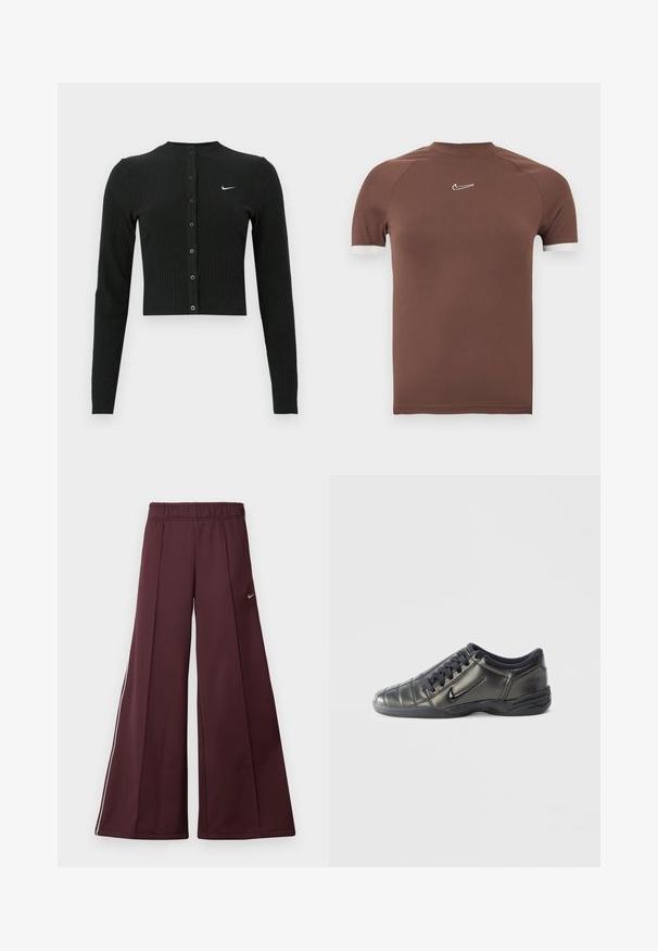 Sort ribbet cardigan med lange ærmer, cropped design, knapper foran og et lille hvidt Nike-logo på venstre side.; Brun kortærmet skjorte lavet af glat stof med høj halsudskæring og hvide detaljer ved ærmekanterne, med en lille logo på brystet.; Bordeaux bredde-bukser i et glat stof med elastisk talje og hvide striber på siden. Har et lille Nike-logo på venstre lår.; Sort lavtop Nike-sneaker med snørebånd, syet detaljering og en tekstureret sål imod en simpel hvid baggrund.