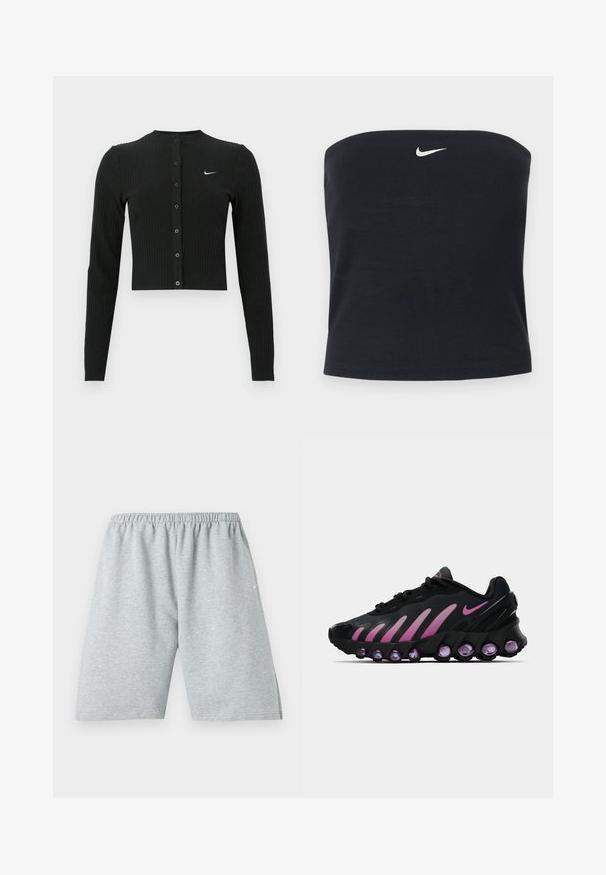 Cárdigan negro de manga larga con tejido acanalado, diseño corto, botones delanteros y un pequeño logo blanco de Nike en el lado izquierdo.; Top tubo negro sin tirantes de Nike con logo blanco Swoosh centrado cerca del borde superior, fondo liso.; Pantalones cortos deportivos hasta la rodilla de color gris claro con cintura elástica y pequeño logo blanco en la pierna izquierda.; Zapatillas Nike negras y rosas con parte superior de malla, diseño curvado y amortiguación morada redondeada en la suela y los laterales.