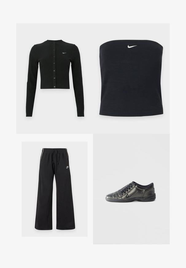 Sort ribbet cardigan med lange ærmer, cropped design, knapper foran og et lille hvidt Nike-logo på venstre side.; Sort Nike strapless tube top med hvid Swoosh-logo centreret nær den øverste kant, ensfarvet baggrund.; Sorte sweatpants lavet af blødt stof, med en elastisk talje og snøre, sidestriber og et lille logo på venstre front.; Sort lavtop Nike-sneaker med snørebånd, syet detaljering og en tekstureret sål imod en simpel hvid baggrund.