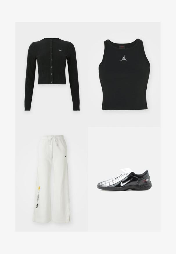 Schwarzer, gerippter Langarm-Cardigan mit kurzem Schnitt, Knöpfen vorne und kleinem weißem Nike-Logo auf der linken Seite.; Schwarzes, figurbetontes Tanktop aus Baumwolle, mit rundem Halsausschnitt und einem weißen Jordan-Logo, das in der Mitte auf der Vorderseite gestickt ist. Glatte Textur.; Weiße, weit geschnittene Sweatpants mit elastischem Bund, Kordelzug, seitlichen Schlitzen, schwarzem Nike-Logo und kontrastierendem gelbem Grafiktext.; Schwarz-weißer Nike Total 90 III flacher Fußballschuh mit Schnürsenkeln und einem roten Logo an der Ferse, von der Außenseite gezeigt.