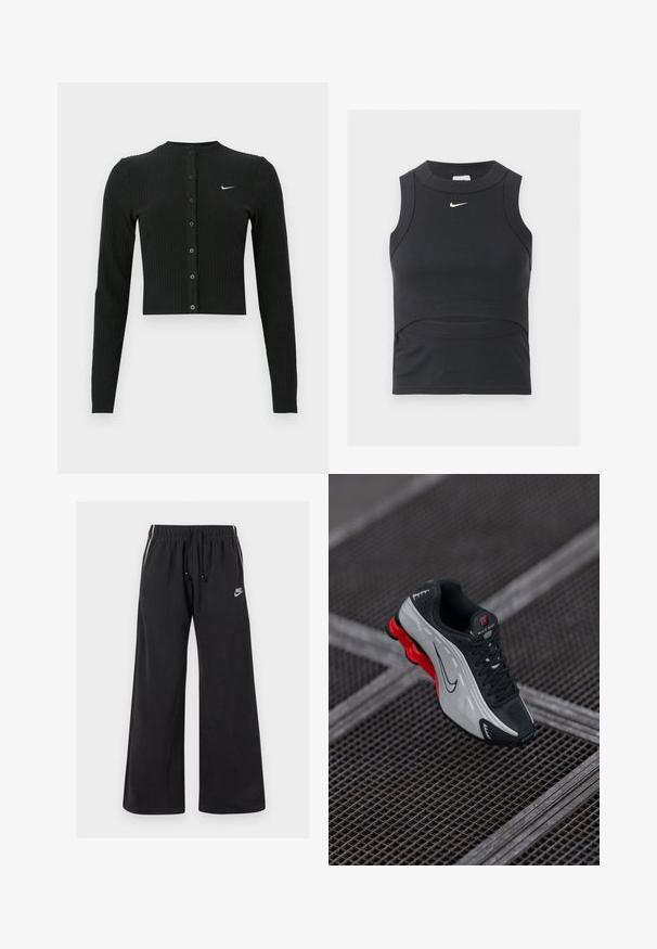 Sort ribbet cardigan med lange ærmer, cropped design, knapper foran og et lille hvidt Nike-logo på venstre side.; Sort ærmeløs cropped sportstop med ribbet tekstur og hvid Nike swoosh-logo på brystet.; Sorte sweatpants lavet af blødt stof, med en elastisk talje og snøre, sidestriber og et lille logo på venstre front.; Sort og grå atletisk sko med rød polstret sål, sorte snørebånd og swoosh-logo hvilende på metalgitteroverflade.