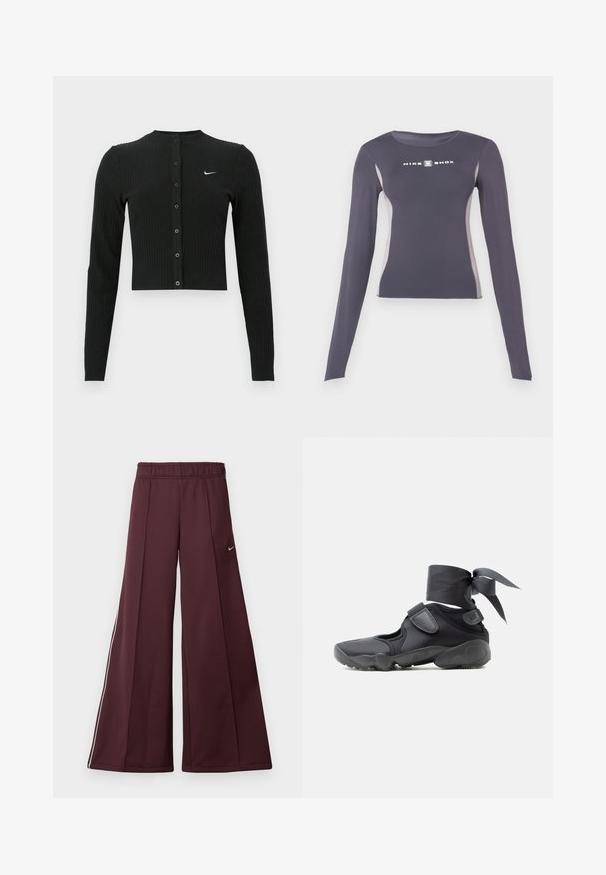 Sort ribbet cardigan med lange ærmer, cropped design, knapper foran og et lille hvidt Nike-logo på venstre side.; Mørkegrå langærmet tætsiddende atletiktrøje med lysegrå sidepaneler og hvidt "Nike Shox" logo på brystet.; Bordeaux bredde-bukser i et glat stof med elastisk talje og hvide striber på siden. Har et lille Nike-logo på venstre lår.; Sort atletiksko med udskæringer, velcrolukninger og ankelrem bundet i en sløjfe, vist fra siden på en hvid baggrund.