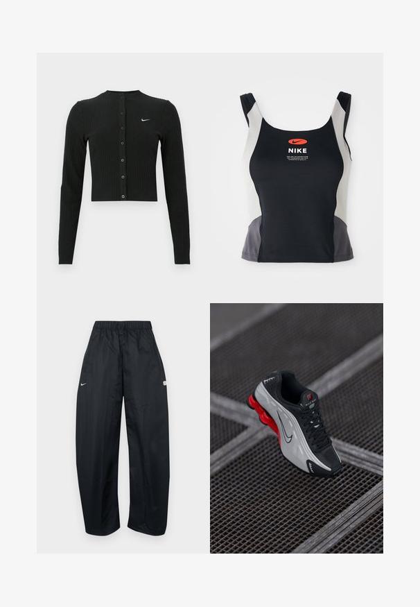 Sort ribbet cardigan med lange ærmer, cropped design, knapper foran og et lille hvidt Nike-logo på venstre side.; Sorte og grå atletisk tanktop med rund halsudskæring, smalle stropper og et centralt orange Nike-logo trykt på forsiden.; Sorte, løstsiddende træningsbukser lavet af let materiale. Har elastisk talje, justerbar snor og logo-accenter.; Sort og grå atletisk sko med rød polstret sål, sorte snørebånd og swoosh-logo hvilende på metalgitteroverflade.