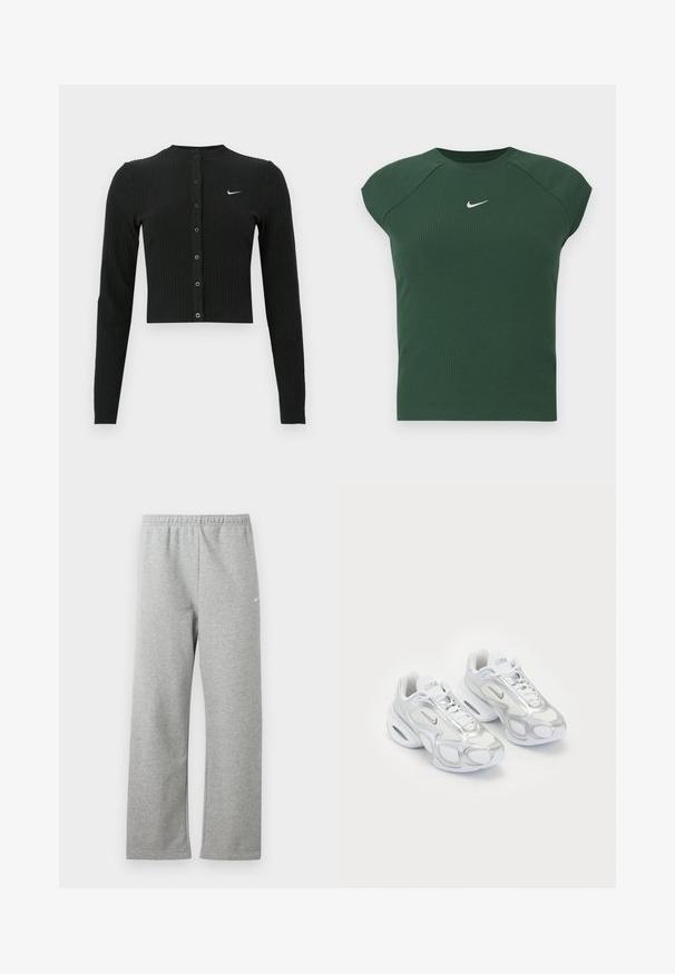 Zwarte geribbelde cardigan met lange mouwen, een cropped ontwerp, knopen aan de voorkant en een klein wit Nike-logo aan de linkerkant.; Donkergroen geribbelde sporttop met korte mouwen en ronde hals, voorzien van een klein wit Nike swoosh-logo op de borst.; Lichtgrijze joggingbroek met elastische tailleband en een klein wit Nike-logo op het bovenbeen, plat liggend tegen een witte achtergrond.; Witte sportieve schoenen met een bovenwerk van mesh en zilveren accenten, in een unieke vorm en met luchtkussen in de hiel. Gespannen ontwerp met logo.