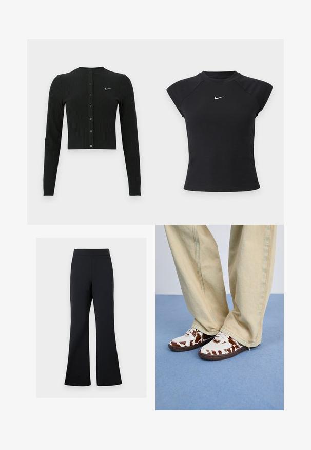 Zwarte geribbelde cardigan met lange mouwen, een cropped ontwerp, knopen aan de voorkant en een klein wit Nike-logo aan de linkerkant.; Zwart kortermig shirt met een geribbelde textuur, voorzien van een ronde hals en een klein wit Nike-logo op de borst.; Zwarte flared broeken van zachte stof met een elastische tailleband en een discrete zijzakdetail, met een gladde textuur en minimalist ontwerp.; Witte en bruine sneakers met een patroon, gemaakt van mesh en leer, met bruine rubberen zolen. Gecombineerd met lichtbeige wijde broekspijpen.