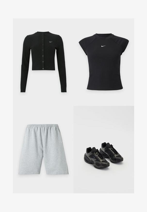 Cárdigan negro de manga larga con tejido acanalado, diseño corto, botones delanteros y un pequeño logo blanco de Nike en el lado izquierdo.; Top negro de manga corta con textura acanalada, con cuello redondo y pequeño logo blanco de Nike en el pecho.; Pantalones cortos deportivos hasta la rodilla de color gris claro con cintura elástica y pequeño logo blanco en la pierna izquierda.; Zapatos deportivos negros con material sintético, acentos de malla y suelas redondeadas. Presenta un sistema de cordones y un destacado logo de Nike en la lengüeta.