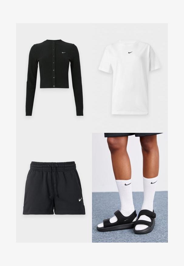 Musta ribbineulottu pitkähihaisen neuletakki, jossa on lyhyt malli, edessä napit ja pieni valkoinen Nike-logo vasemmalla puolella.; Valkoinen lyhythihainen pyöreäkauluksinen t-paita, jossa pieni musta Nike Swoosh -logo keskitettynä lähelle kaulusta.; Musta Nike-urheilushortsit, joissa on joustava vyötärönauha, kiristysnauha, sivutaskut ja vasemman jalan valkoinen Swoosh-logo.; Musta jalkine avonaisella kärjellä, valmistettu sileästä materiaalista, jossa on säädettävät hihnat ja teksturoitu pohja. Valkoiset ribbineulotut sukat ovat käytössä.