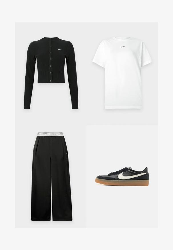Čierny rebrovaný kardigán s dlhým rukávom, krátkym strihom, prednými gombíkmi a malým bielym logom Nike na ľavej strane.; Biele tričko s krátkym rukávom a okrúhlym výstrihom, na ktorom je malé čierne logo Nike swoosh umiestnené tesne pod výstrihom.; Čierne nohavice s širokými nohavicami z hladkej látky, s bielym elastickým pásom s logom "NIKE". Nástavce pridávajú rozmer a textúru.; Čierna atletická obuv s textúrovaným koženým vrchom, bielym logom Swoosh a gumovou podrážkou. Šnurovací dizajn s polstrovaním v oblasti goliera.