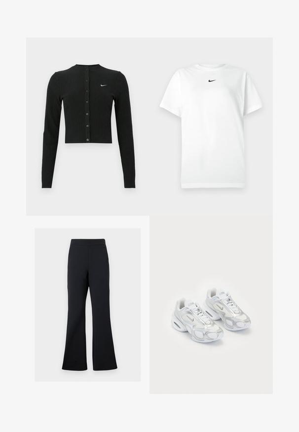 Zwarte geribbelde cardigan met lange mouwen, een cropped ontwerp, knopen aan de voorkant en een klein wit Nike-logo aan de linkerkant.; Witte korte mouwen crew neck T-shirt met een klein zwart Nike swoosh-logo gecentreerd onder de ronde hals.; Zwarte flared broeken van zachte stof met een elastische tailleband en een discrete zijzakdetail, met een gladde textuur en minimalist ontwerp.; Witte sportieve schoenen met een bovenwerk van mesh en zilveren accenten, in een unieke vorm en met luchtkussen in de hiel. Gespannen ontwerp met logo.