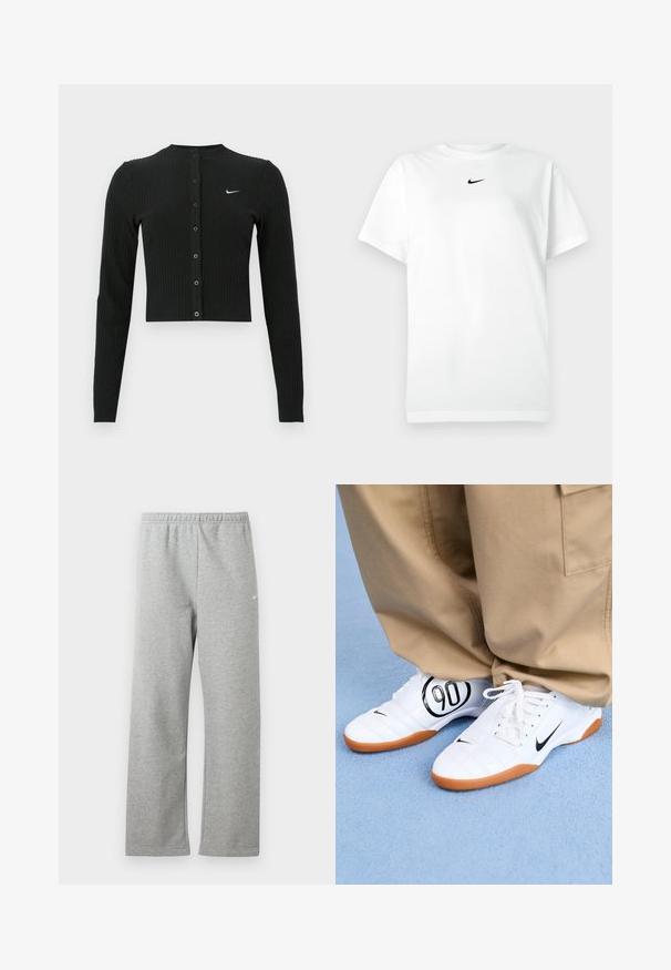 Sort ribbet cardigan med lange ærmer, cropped design, knapper foran og et lille hvidt Nike-logo på venstre side.; Hvid kortærmet T-shirt med rund hals, prydet med et lille sort Nike swoosh-logo centreret under halsudskæringen.; Lysegrå joggingbukser med elastisk talje og lille hvidt Nike-logo på øverste lår, vist fladt mod en hvid baggrund.; Hvide atletiske sko med et quiltet design, sort Nike swoosh og et fremtrædende sort "90" grafisk motiv på siden, parret med khaki bukser.