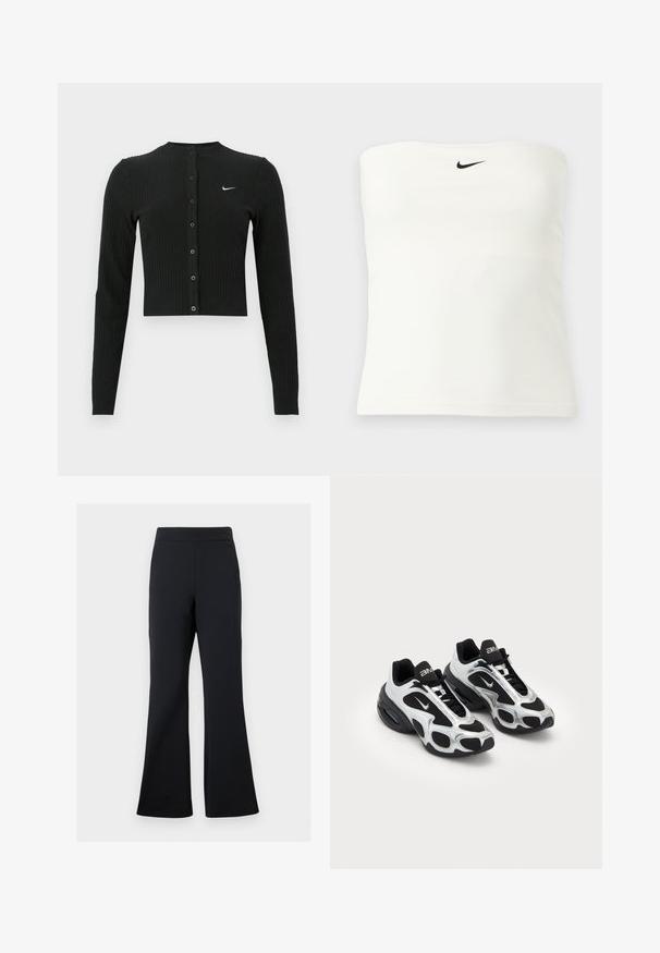 Čierny rebrovaný kardigán s dlhým rukávom, krátkym strihom, prednými gombíkmi a malým bielym logom Nike na ľavej strane.; Biely bezramienkový Nike trubkový top s čiernym logom swoosh umiestneným v strede blízko horného okraja, zobrazený na jednoduchom svetlom pozadí.; Čierne rozšírené nohavice vyrobené z mäkkej látky s elastickým pásom a diskrétnym bočným vreckom, s hladkou textúrou a minimalistickým dizajnom.; Čierne a strieborné športové topánky s vrchnou časťou z sieťoviny a syntetických materiálov, ktorá sa vyznačuje výrazným vlnitým dizajnom a polstrovaným golierom, so vzduchovým odpružením v podrážke.
