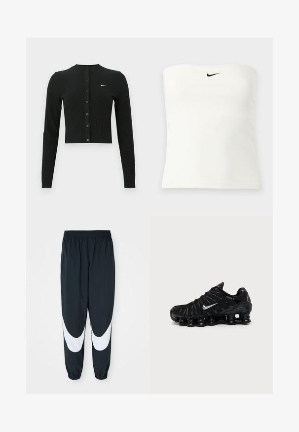 Čierny rebrovaný kardigán s dlhým rukávom, krátkym strihom, prednými gombíkmi a malým bielym logom Nike na ľavej strane.; Biely bezramienkový Nike trubkový top s čiernym logom swoosh umiestneným v strede blízko horného okraja, zobrazený na jednoduchom svetlom pozadí.; Čierne teplákové nohavice s bielymi zakrivenými panelmi, elastickým pásom a zhromaždenými manžetami, vyrobené z ľahkej látky a vo voľnom strihu.; Čierna Nike športová obuv so strieborným logom Swoosh, sieťovinovým a syntetickým zvrškom a výraznou segmentovanou podrážkou s poduškami.