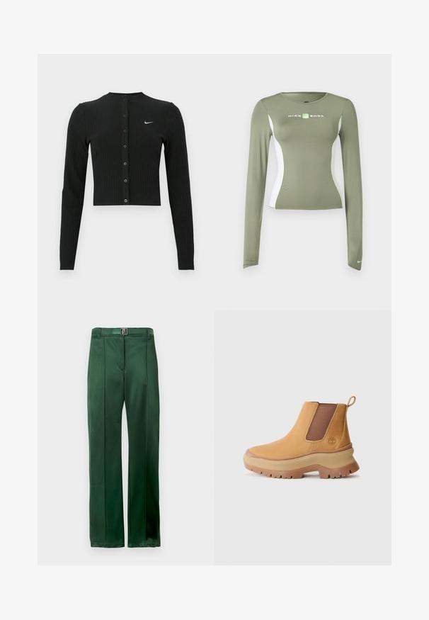 Schwarzer, gerippter Langarm-Cardigan mit kurzem Schnitt, Knöpfen vorne und kleinem weißem Nike-Logo auf der linken Seite.; Olivgrünes Nike Shox Langarmshirt mit weißen Seitenteilen und neongrünen Akzenten, figurnahe Passform und kleinem Swoosh-Logo am Ärmelbündchen.; Grüne Satin-Hosen mit geradem Bein, ausgestattet mit einem flachen Bund vorne und dezenten Falten, die ein glattes, elegantes Erscheinungsbild bieten.; Braunes Lederknöchelboot mit elastischen Seitenpanelen, rundem Zehenbereich und dicker Gummisohle mit tiefem Profil; verfügt über eine Zuglasche an der Ferse.