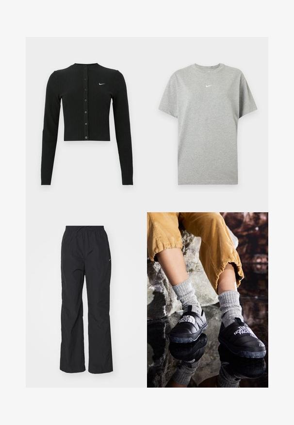 Schwarzer, gerippter Langarm-Cardigan mit kurzem Schnitt, Knöpfen vorne und kleinem weißem Nike-Logo auf der linken Seite.; Graues kurzärmeliges Baumwoll-T-Shirt mit Rundhalsausschnitt und kleinem weißen Nike-Swoosh-Logo mittig auf der Brust.; Schwarze, leichte Hose mit elastischem Bund und Kordelzug. Verfügt über eine strukturierte Oberfläche und ein kleines reflektierendes Logo an der Seite.; Schwarze isolierte Schlupfschuhe mit strukturierten Sohlen und weißem Logo, getragen mit grauen Strümpfen aus Strick, kombiniert mit ribbeligen, senffarbenen Hosen.
